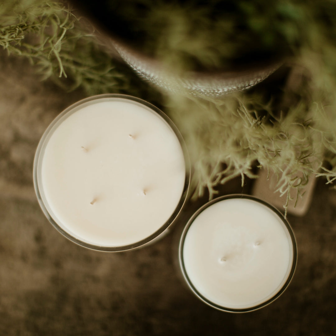 Medium Deluxe Candle | Large Candle | Soy Wax | Lychee & Peony | Top View 2 candles Unlit | Bordeaux Candles