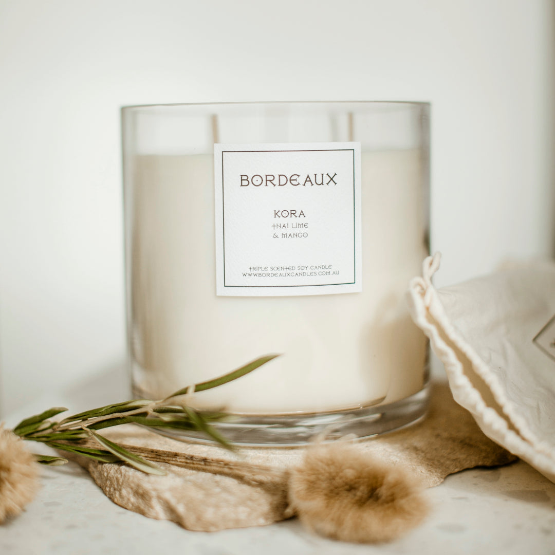 Large Deluxe Candle | Pure Soy Wax | Lifestyle Photo | Lychee & Peony | Bordeaux Candles