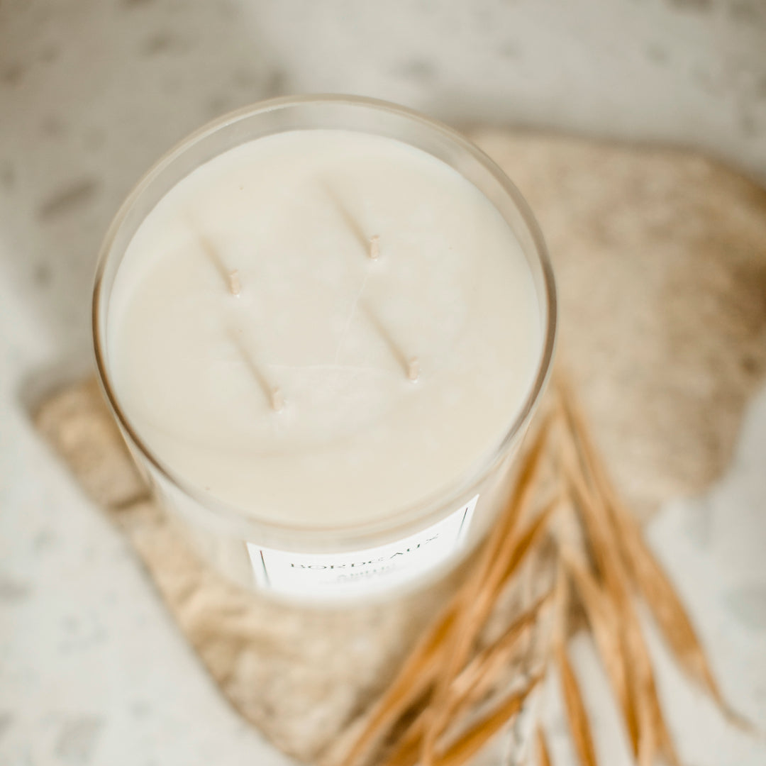 Medium Deluxe Candle | Large Candle | Soy Wax | Figtree | Top View 4 Wicks Unlit | Bordeaux Candles