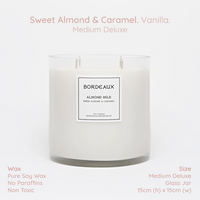Thumbnail for Sweet Almond & Caramel medium deluxe candle in large glass jar with pure soy wax - Bordeaux Candles