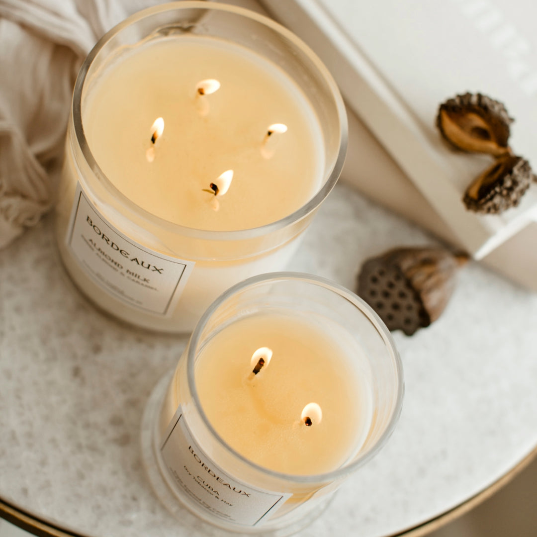 Medium Deluxe Candle | Large Candle | Soy Wax | Figtree | Top View 2 candles Lit | Bordeaux Candles