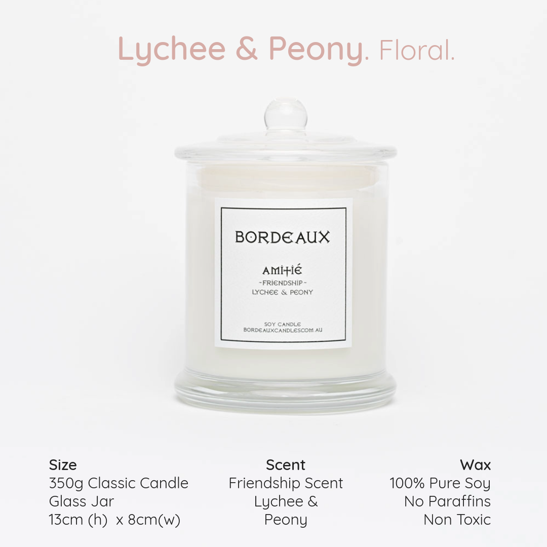 Lychee & Peony | Classic Candle | Glass Jar with Knob Lid | Bordeaux Candles