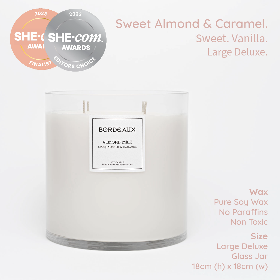 Sweet Almond & Caramel large deluxe candle in large glass jar with pure soy wax - Bordeaux Candles