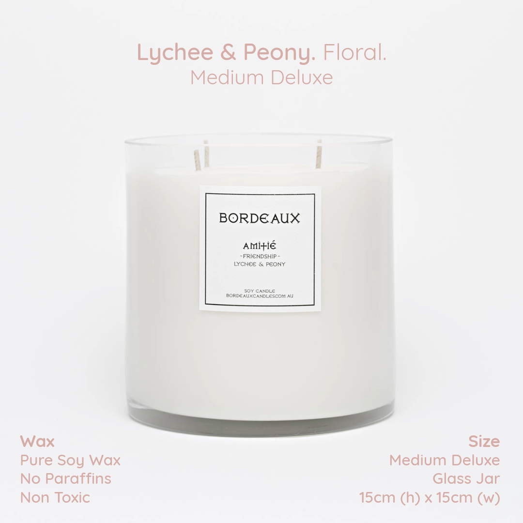 Medium Deluxe Candle | Large Candle | Soy Wax | Lychee & Peony | Bordeaux Candles