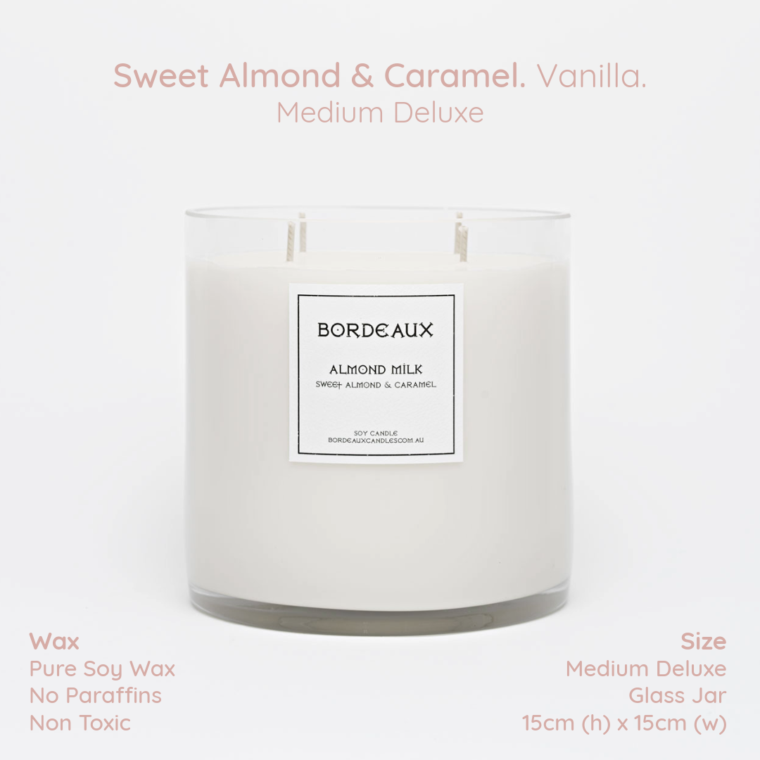 Sweet Almond & Caramel medium deluxe candle in large glass jar with pure soy wax - Bordeaux Candles