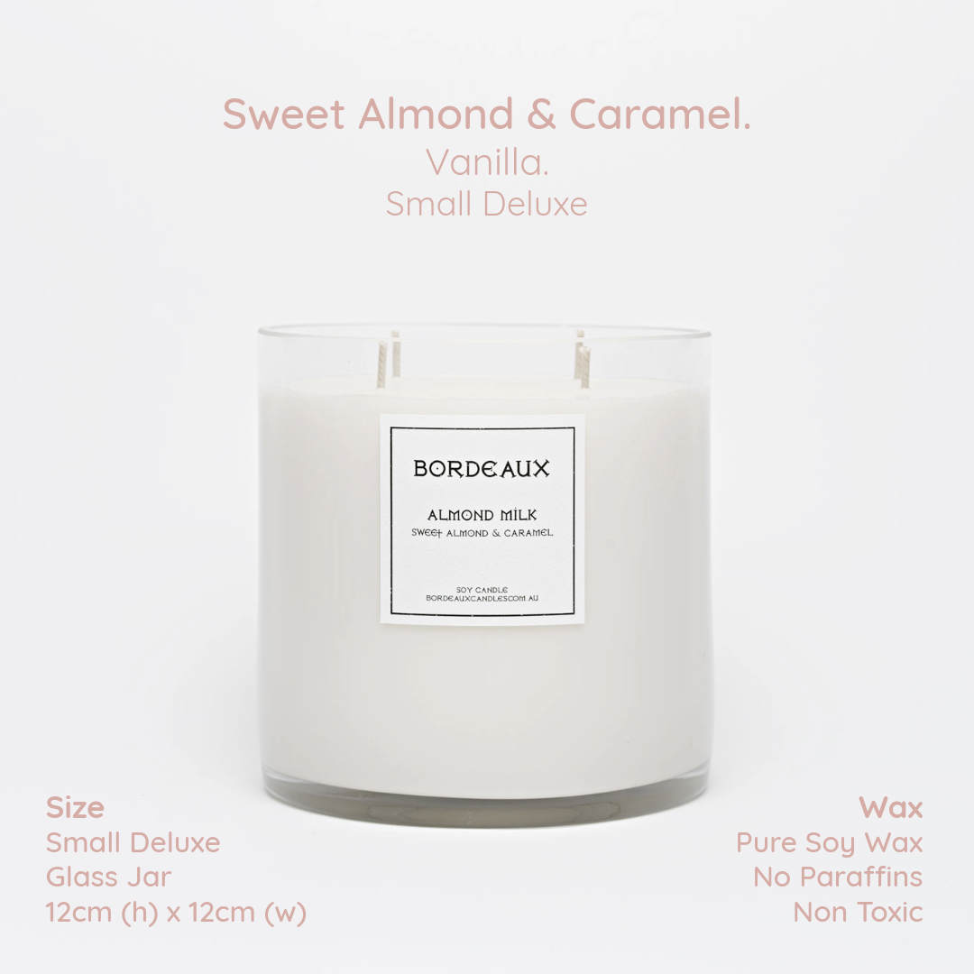 Sweet Almond & Caramel small deluxe candle in large glass jar with pure soy wax - Bordeaux Candles